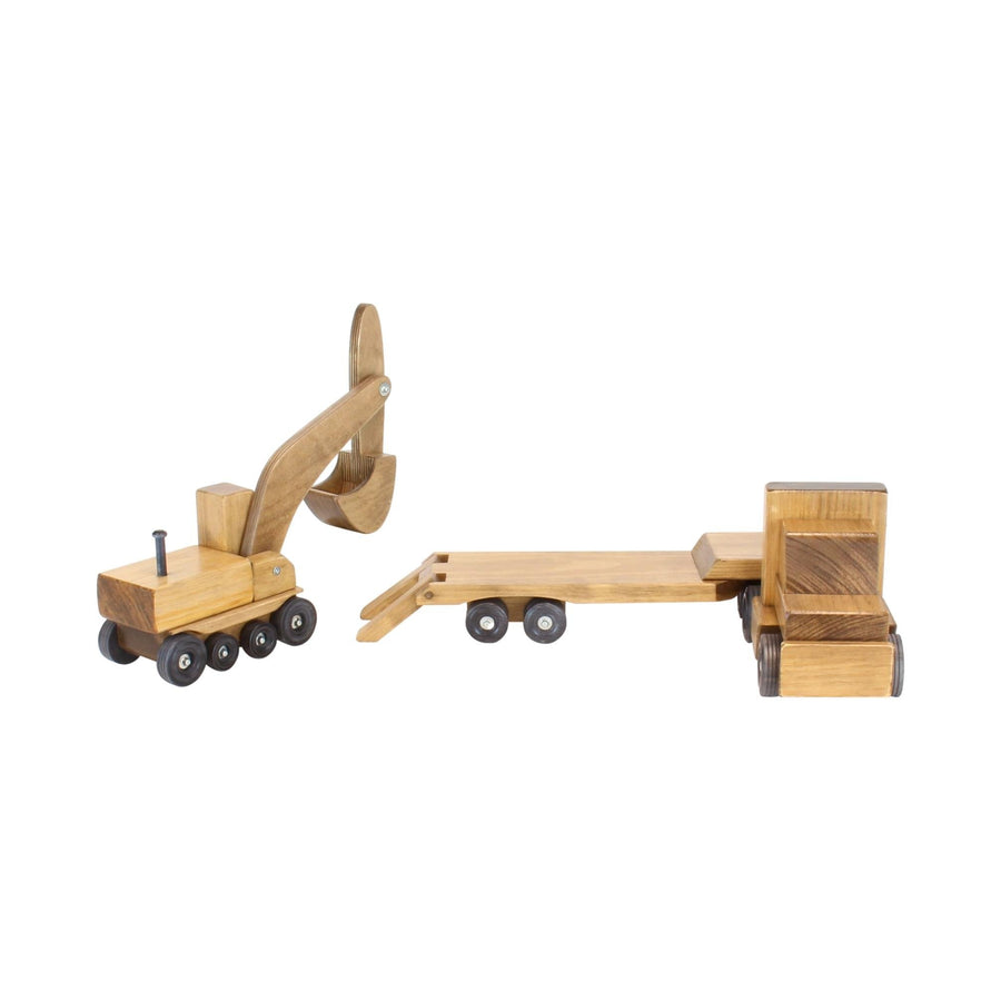 Wooden Lowboy Truck & Trailer Toy with Excavator