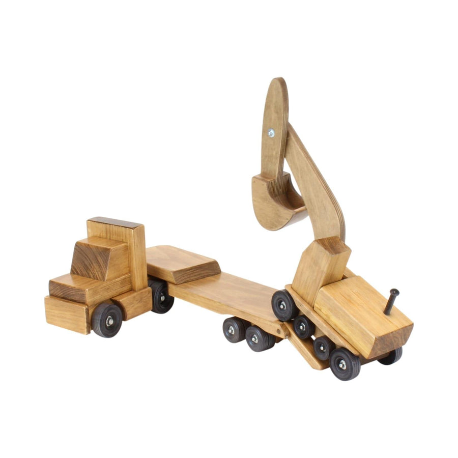 Wooden Lowboy Truck & Trailer Toy with Excavator