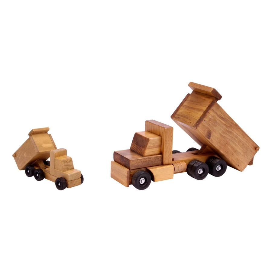 Small and large wooden dump trucks shown together