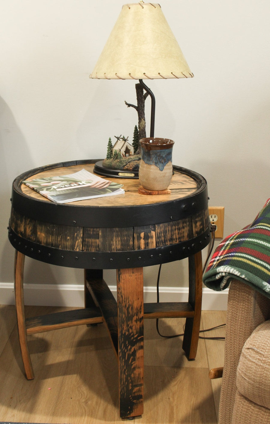 Amish-Made Rustic Barrel-Top End Table, Reclaimed Whiskey Barrel Table with Barrel Rings