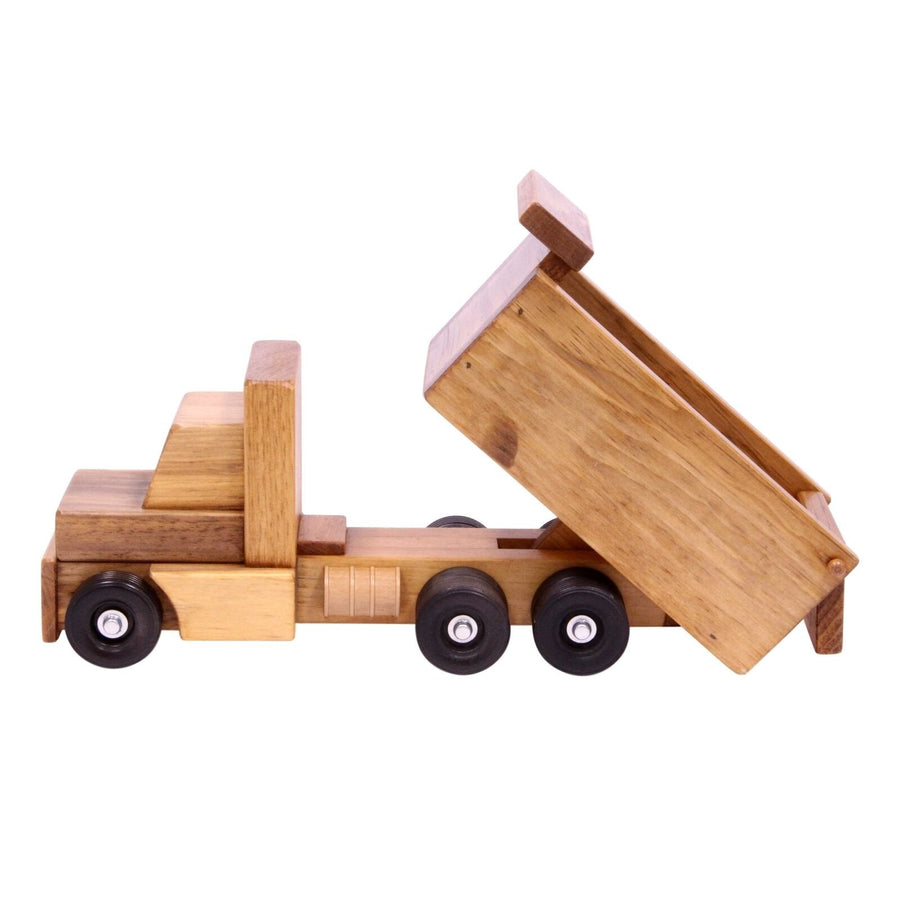 Wooden dump truck with its bed raised