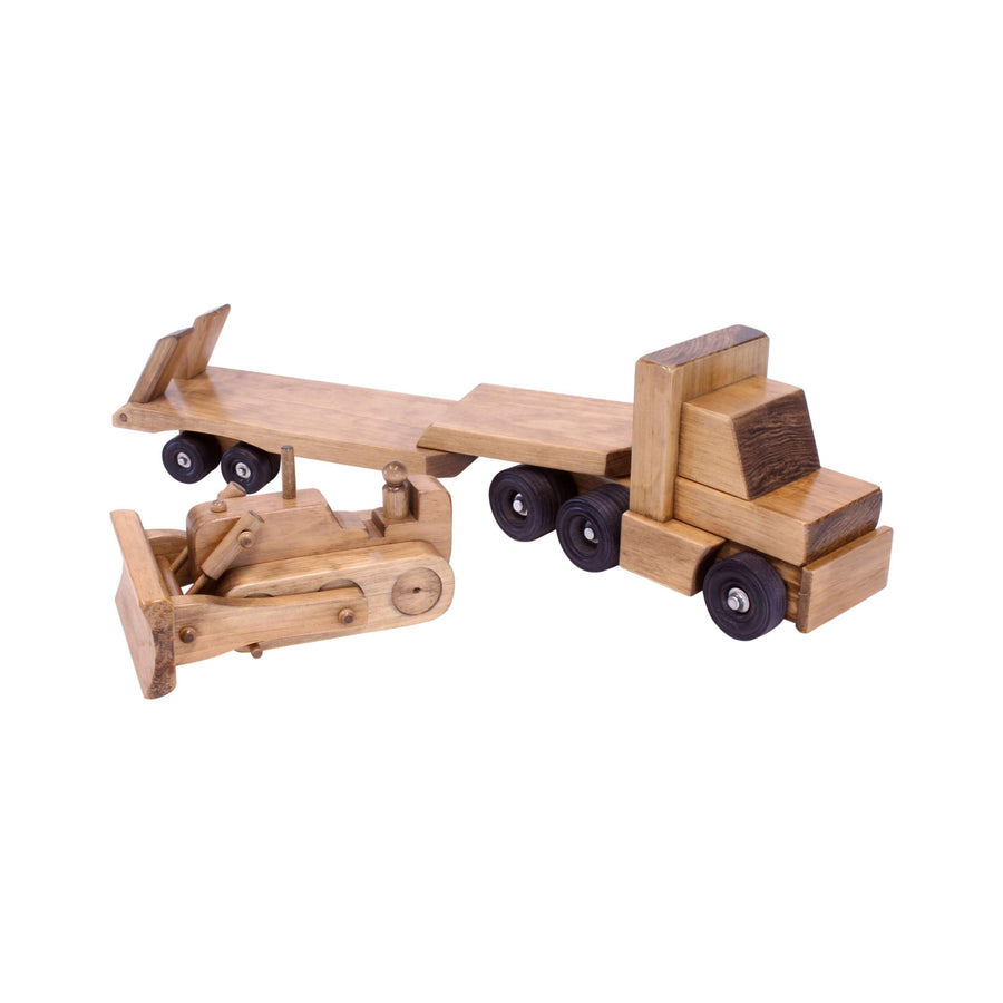 Wooden Lowboy Truck & Trailer Toy with Bulldozer