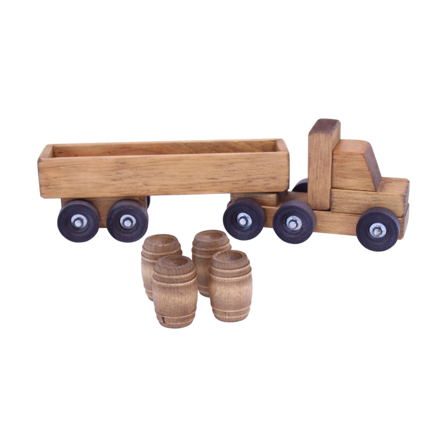 Wooden Barrel Truck & Trailer Toy with 4 Removable Barrels