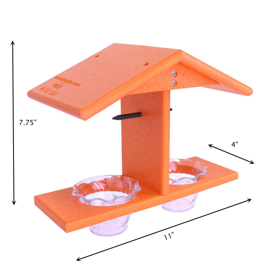 Double-cup oriole feeder diagram showing its features and dimensions