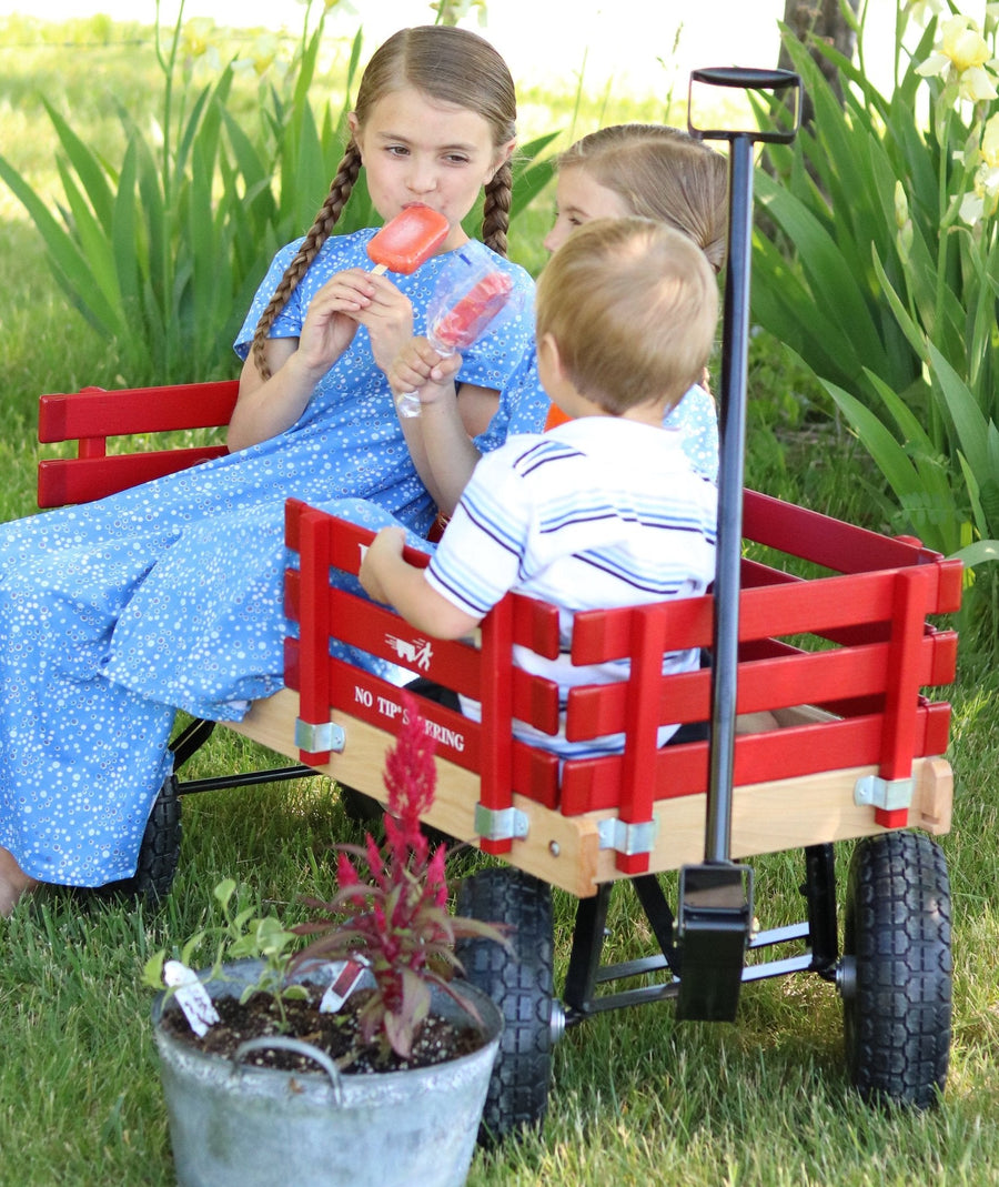 Children beside a red hardwood-and-steel wagon outdoors