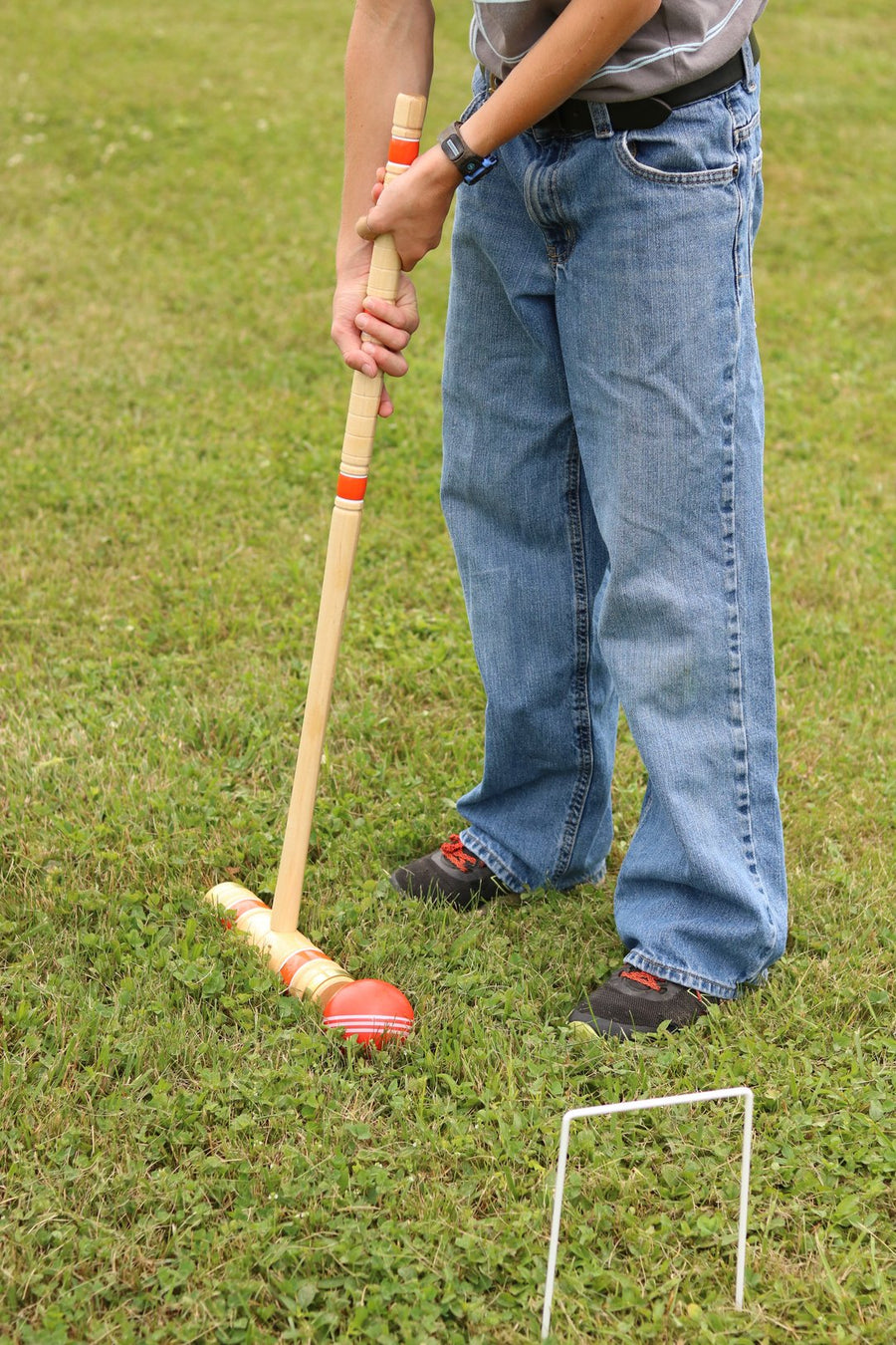 Maple croquet mallet with painted color bands