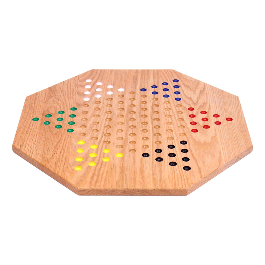 19-Inch Oak Chinese Checkers Set with 60 Glass Marbles