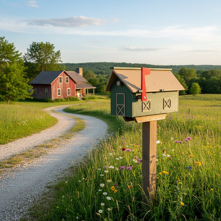 Barn-style poly mailbox displayed on a post in a rural setting