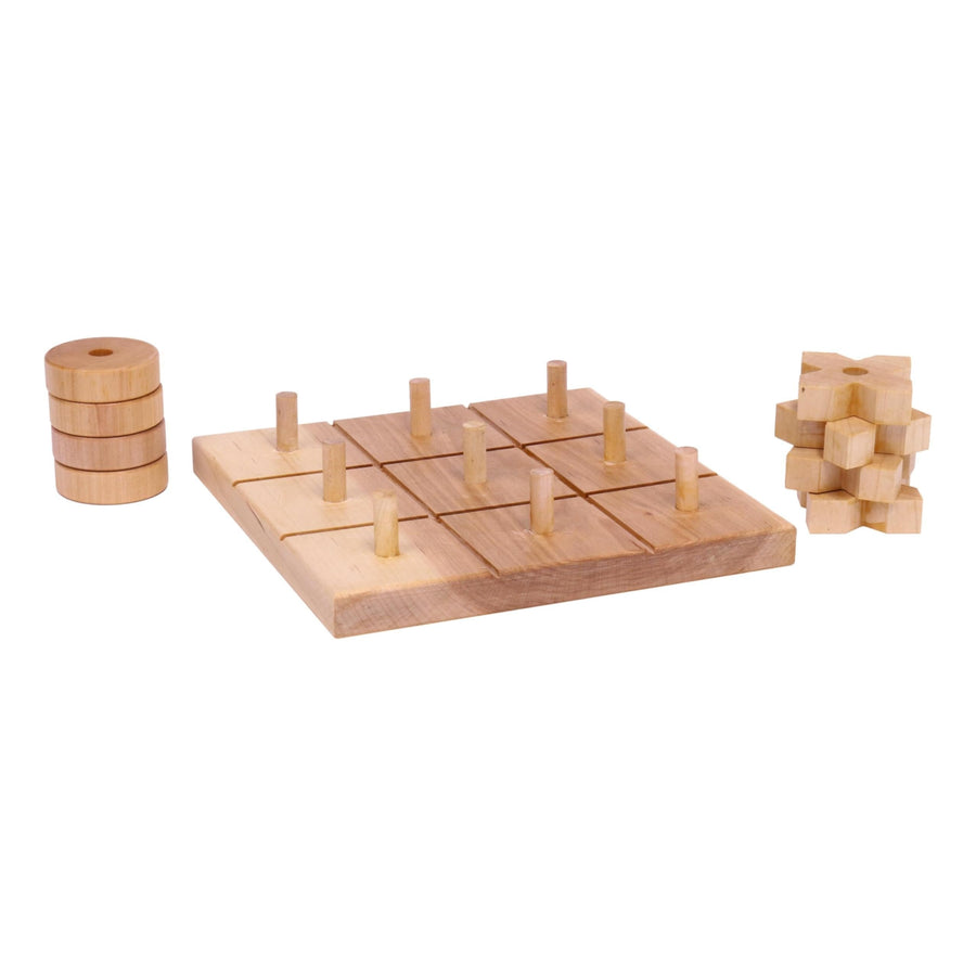 Wooden Tic Tac Toe board with X and O pieces removed