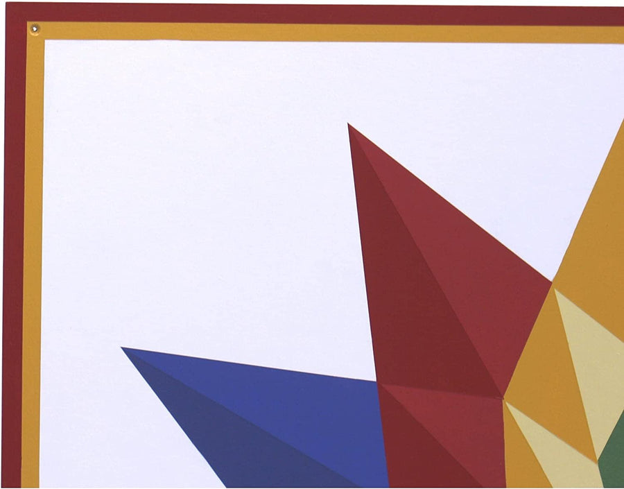 Close-up of hand-painted barn quilt edges and geometric color details
