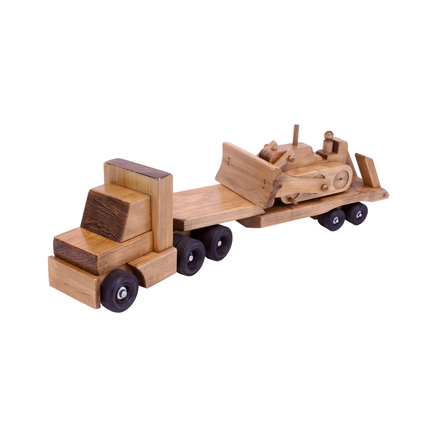 Wooden Lowboy Truck & Trailer Toy with Bulldozer
