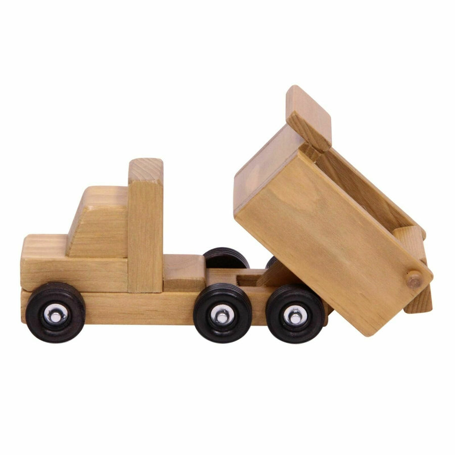 Wooden dump truck with its bed raised