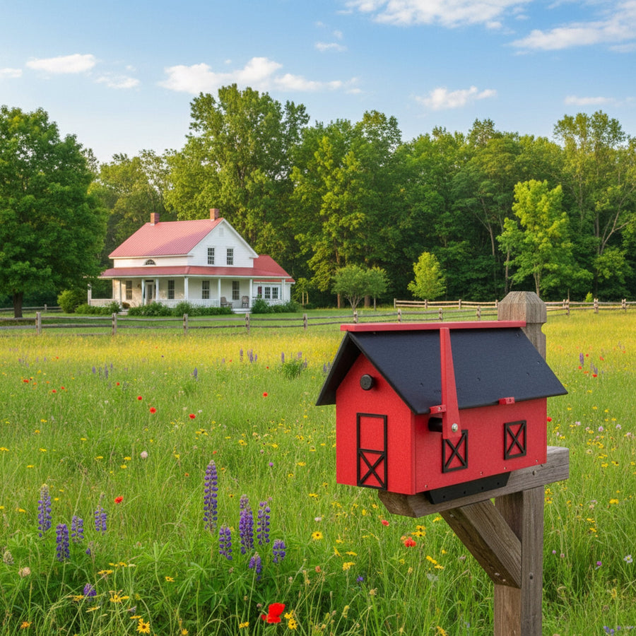 Barn-style poly mailbox displayed on a post in a rural setting