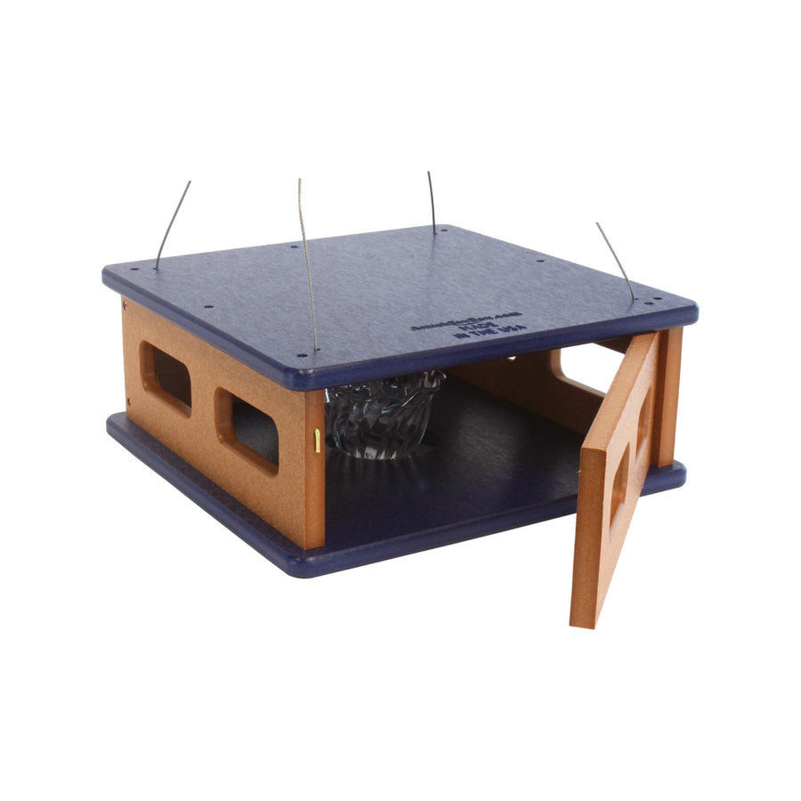 Bluebird mealworm feeder with side access door open