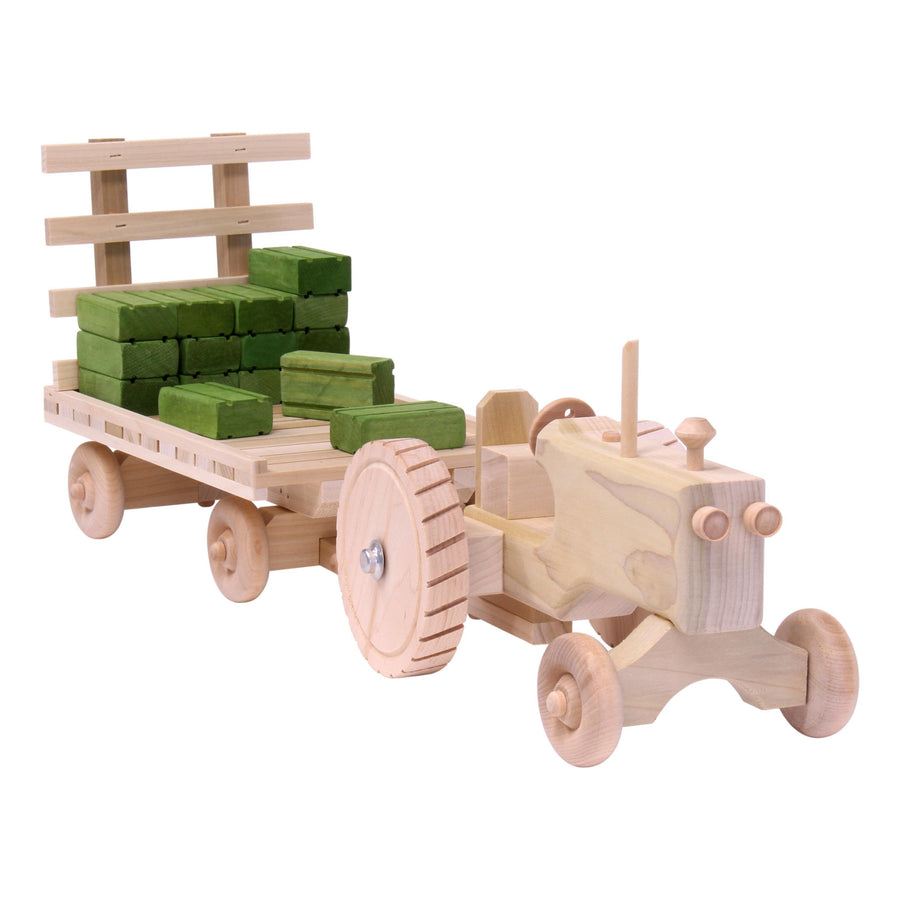 Wooden Tractor & Hay Wagon Toy with 15 Hay Bales