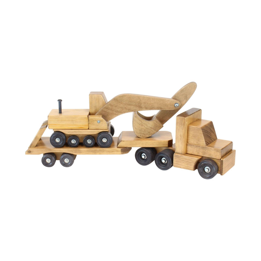 Wooden Lowboy Truck & Trailer Toy with Excavator