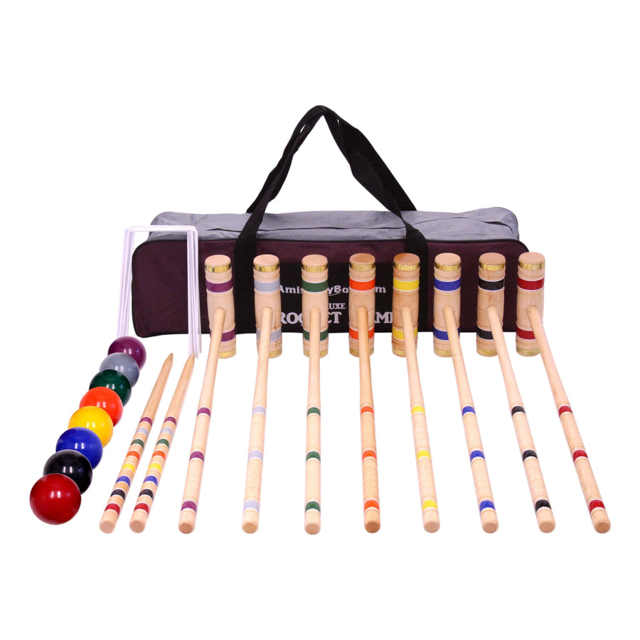 Croquet mallets and balls arranged with the set’s storage equipment