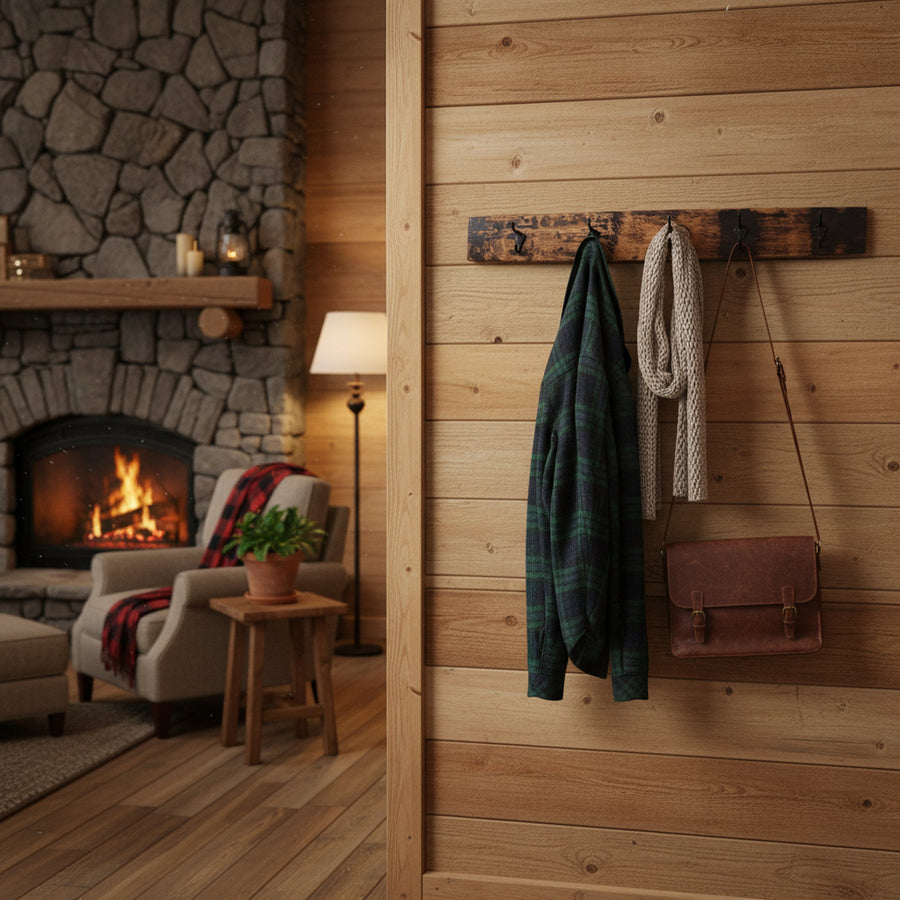 Reclaimed barrel-stave coat rack displayed with coats in an entryway