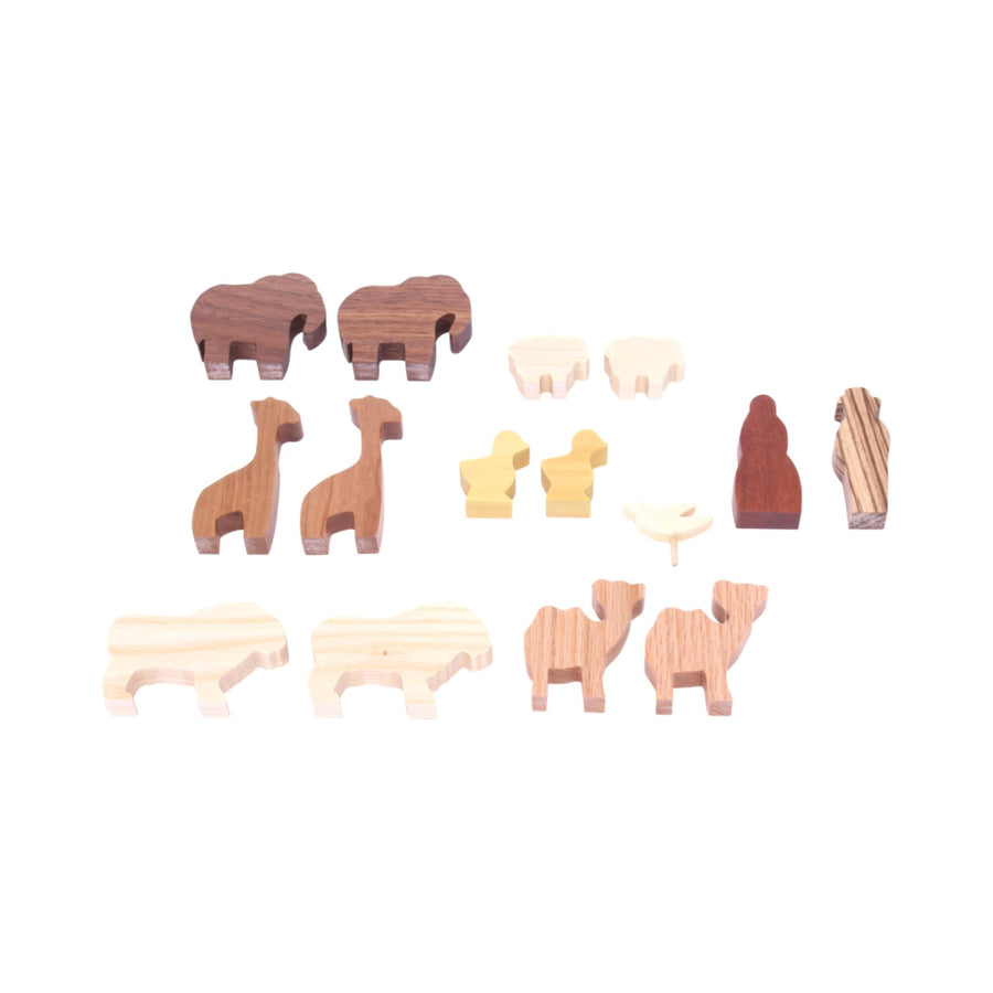 Wooden animals and Noah figures shown separately from the ark