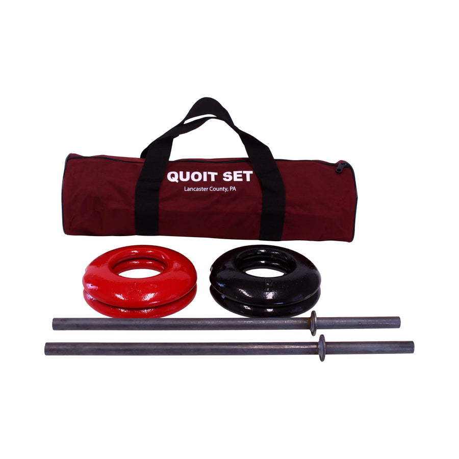Cast-steel quoits, stakes and zippered game bag