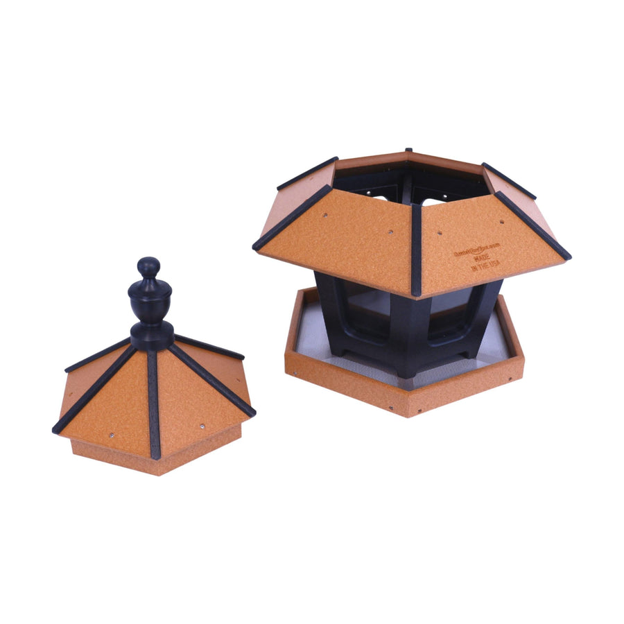 Gazebo bird feeder with roof opened or removed to expose three compartments