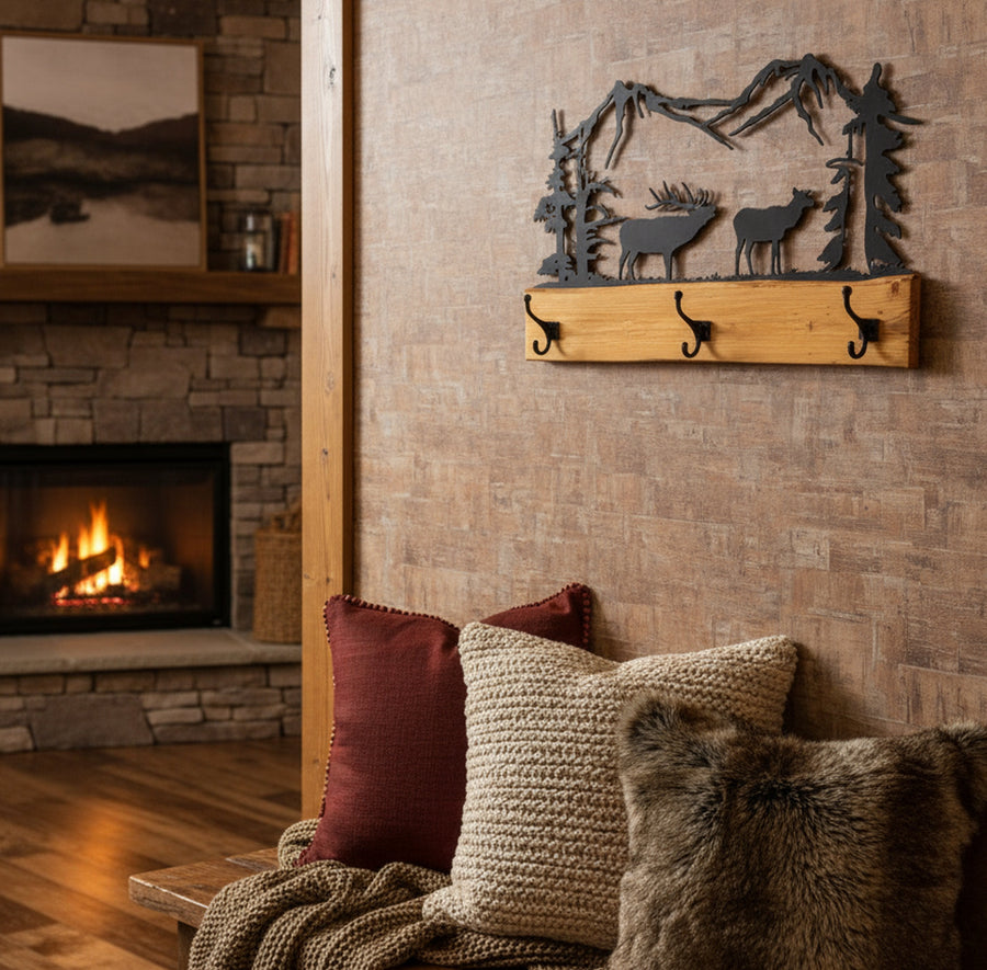 Wildlife coat rack displayed on a cabin wall