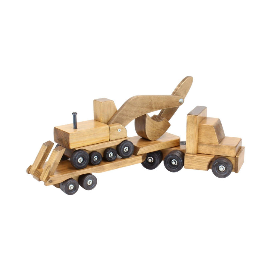 Wooden Lowboy Truck & Trailer Toy with Excavator