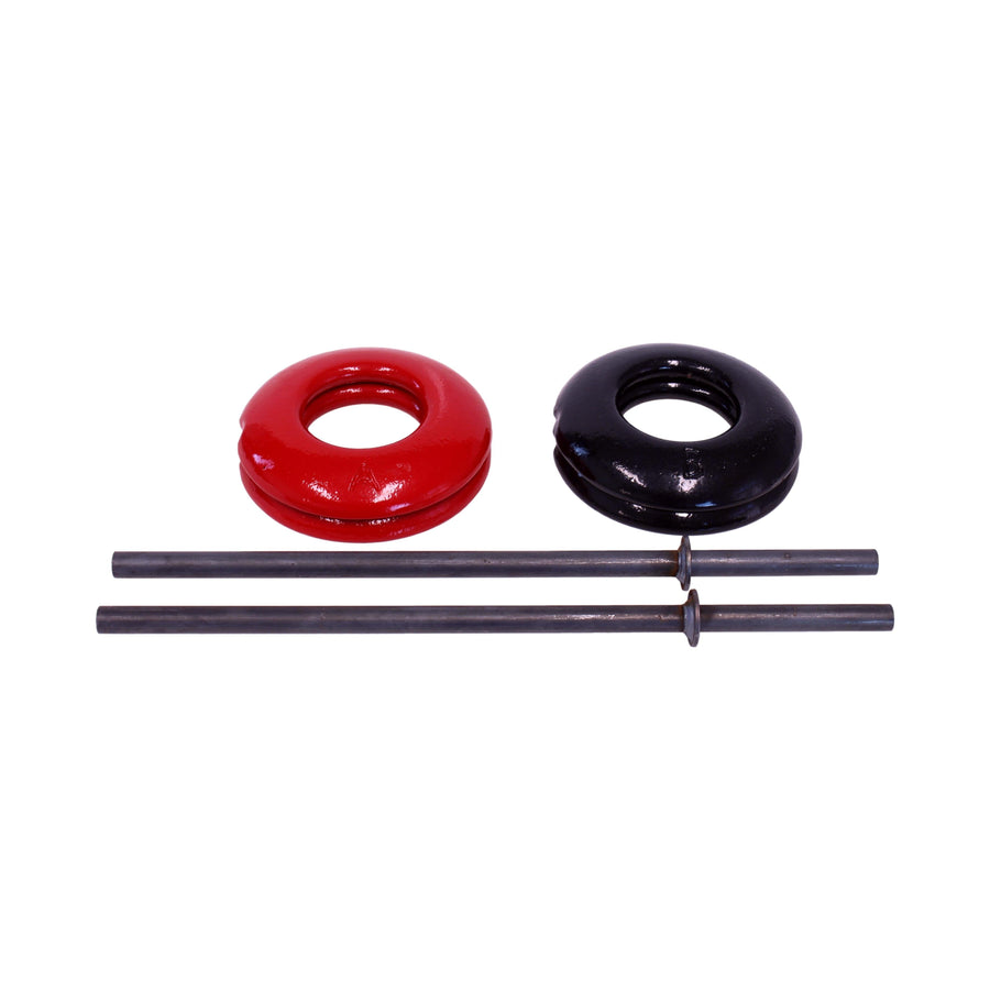 Red and black quoits with two metal stakes