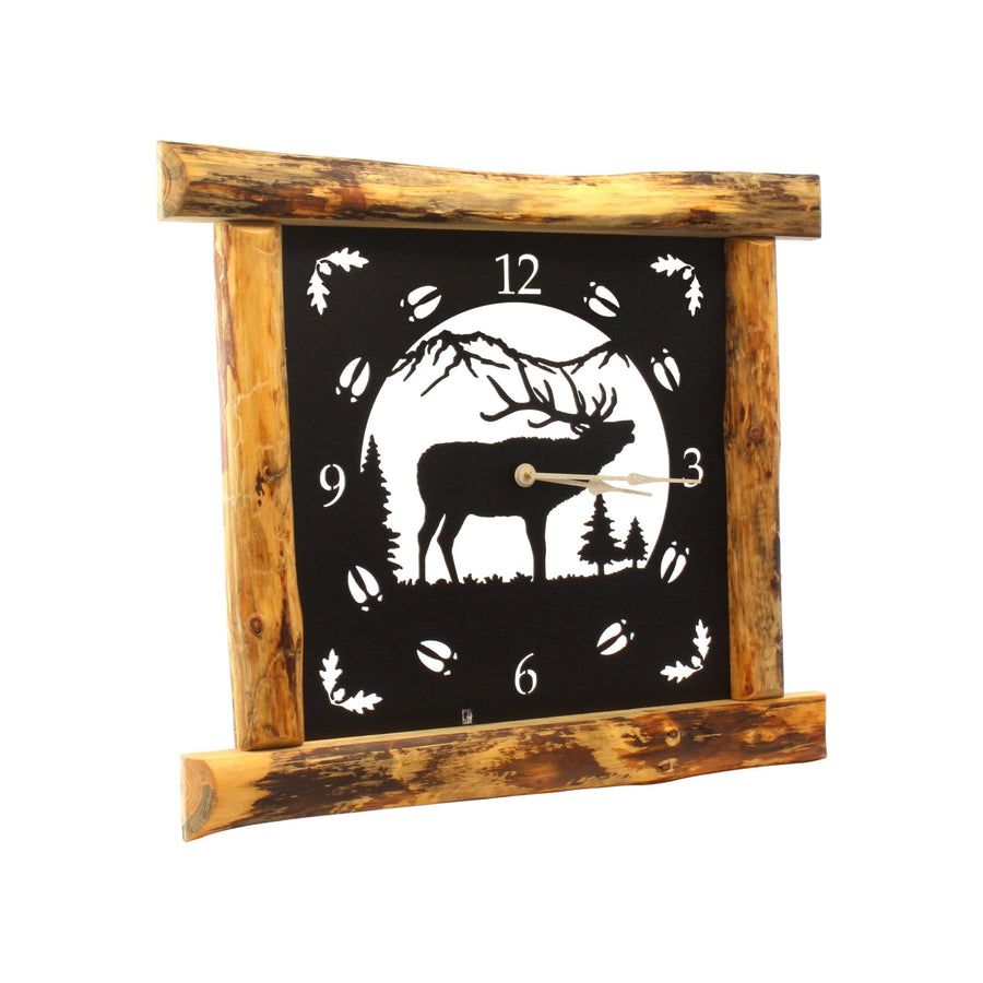 Large Rustic Wall Clock with 16" Analog Display, Pine Log Frame, Metal Wildlife Art Clock Face