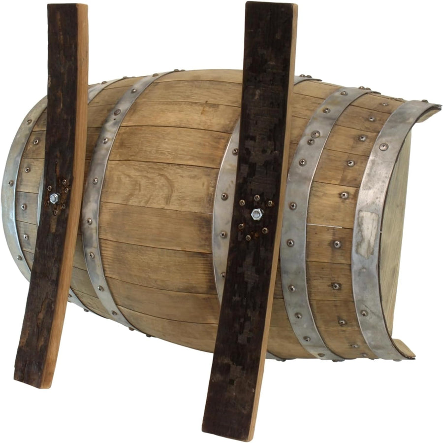 Underside and barrel staves of a reclaimed wooden planter