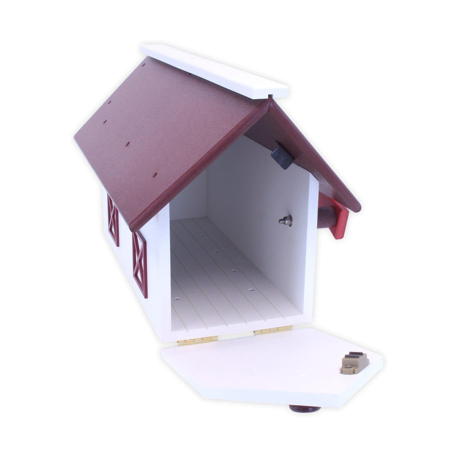 Poly-lumber mailbox with front door open