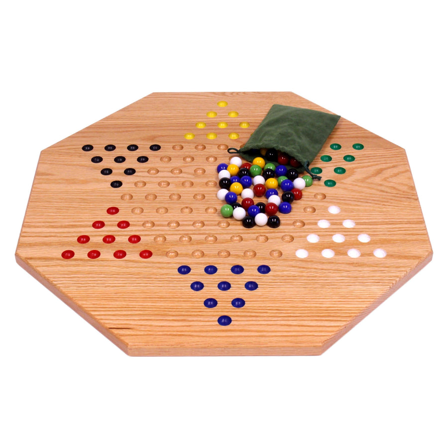 19-Inch Oak Chinese Checkers Set with 60 Glass Marbles