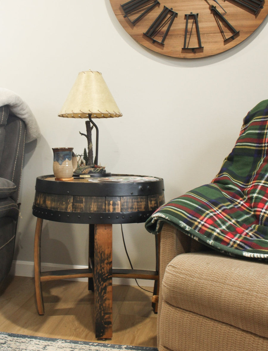 Amish-Made Rustic Barrel-Top End Table, Reclaimed Whiskey Barrel Table with Barrel Rings