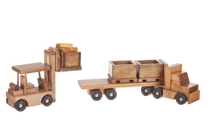 Large Wooden Truck & Bin Trailer with Forklift Toy Set, Amish-Made
