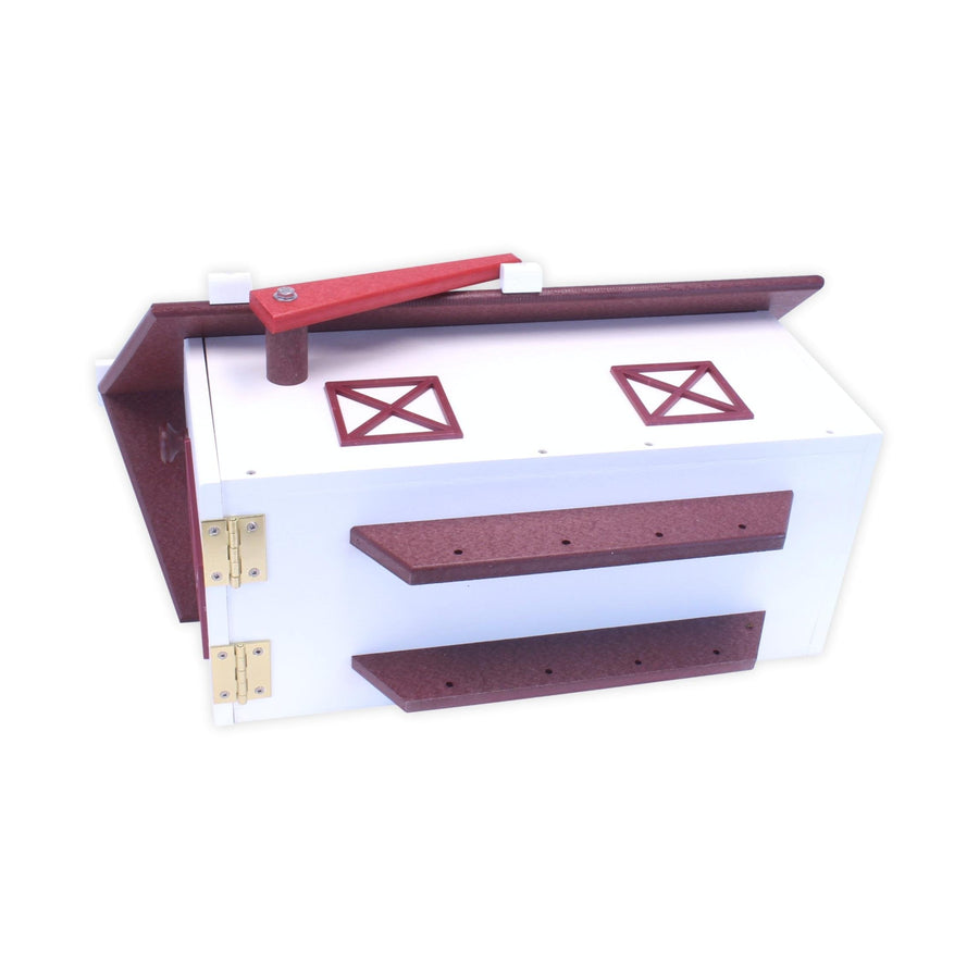 Poly-lumber mailbox with front door open