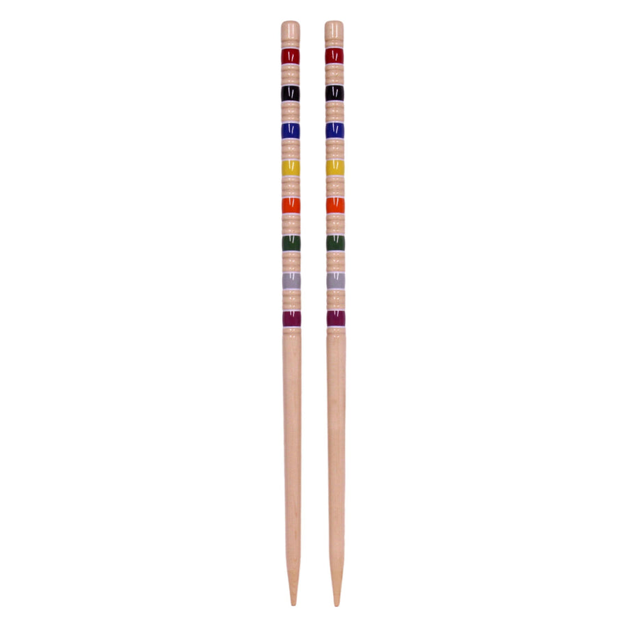 Color-banded wooden croquet stakes