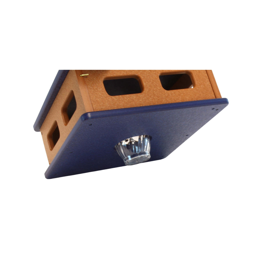 Underside of a block-house bluebird mealworm feeder