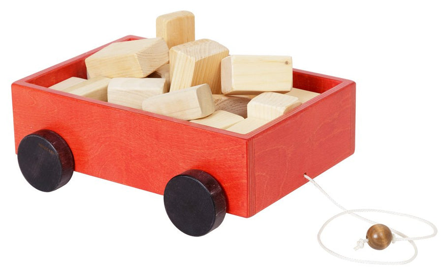 Wooden Pull Wagon with 30 Building Blocks