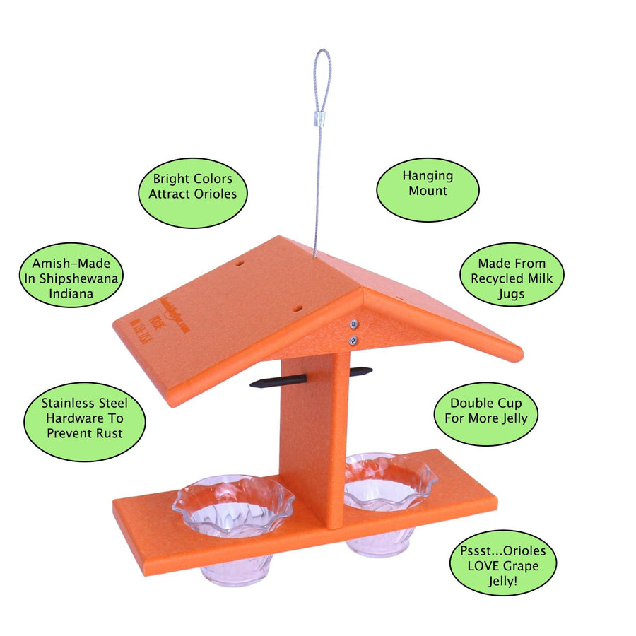 Double-cup oriole feeder diagram showing its features and dimensions