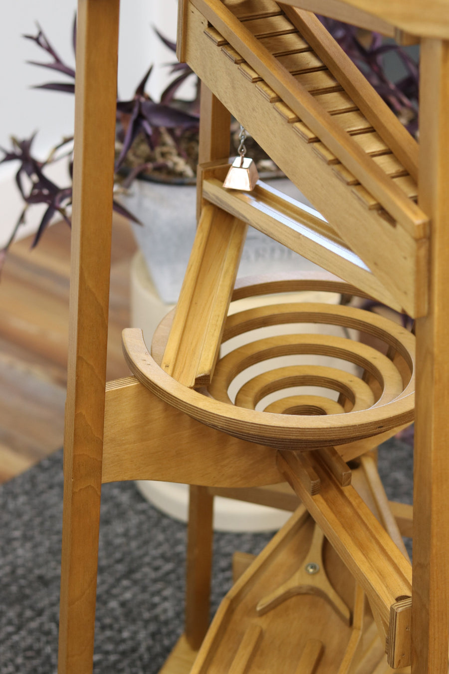Close-up of the pyramid marble run’s spiral track
