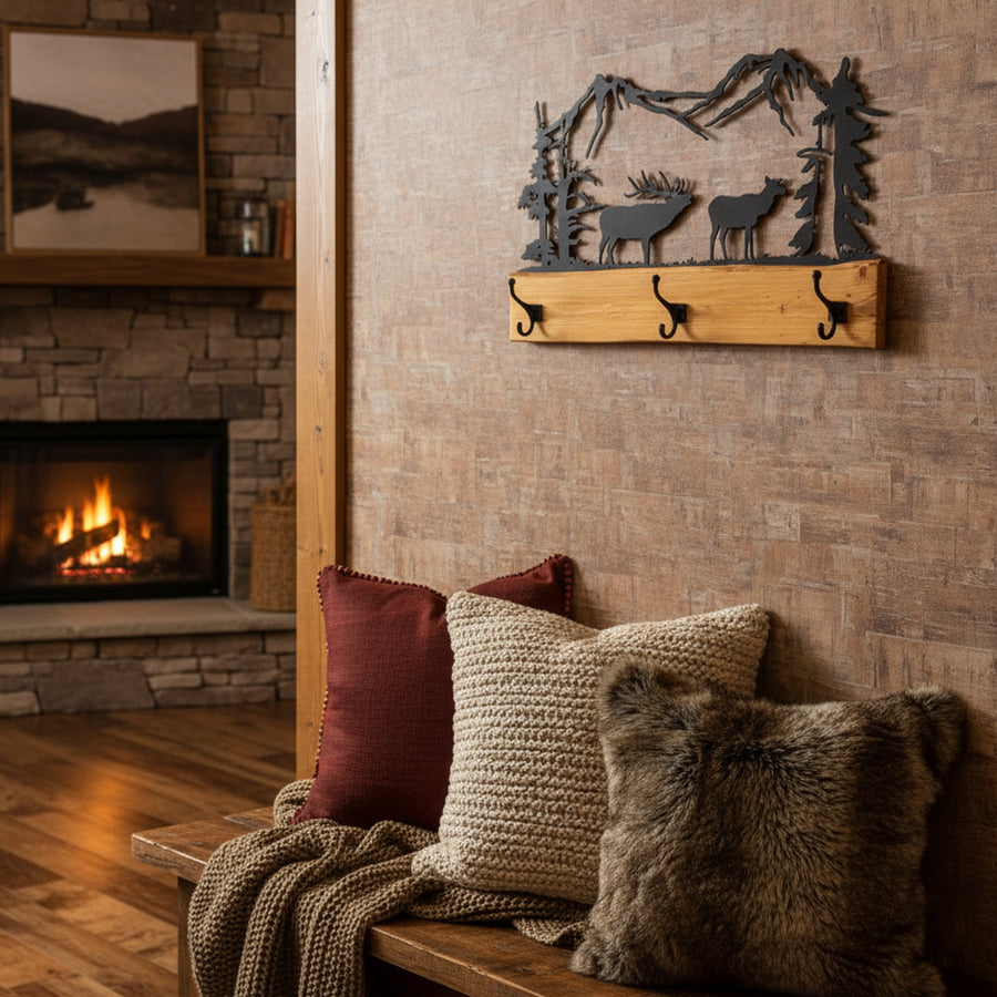 Wildlife coat rack displayed on a cabin wall