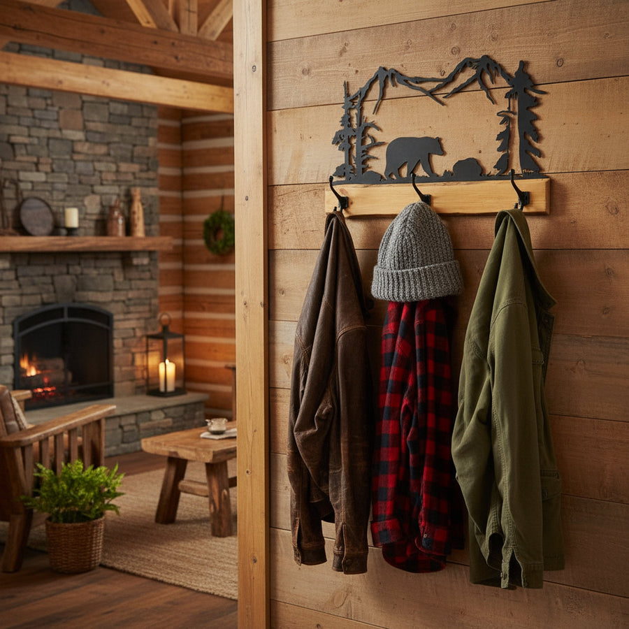 Wildlife coat rack displayed on a cabin wall