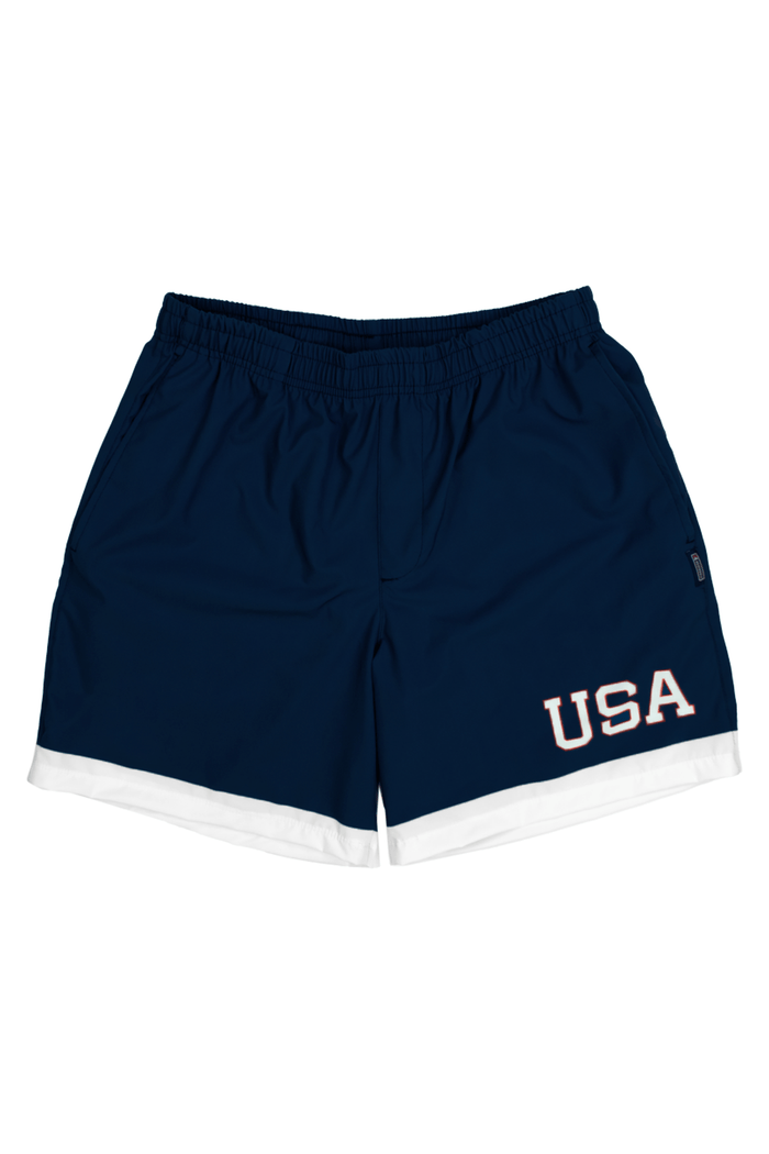 Men’s USA Journey Stretch Shorts: navy USA shorts, front view.