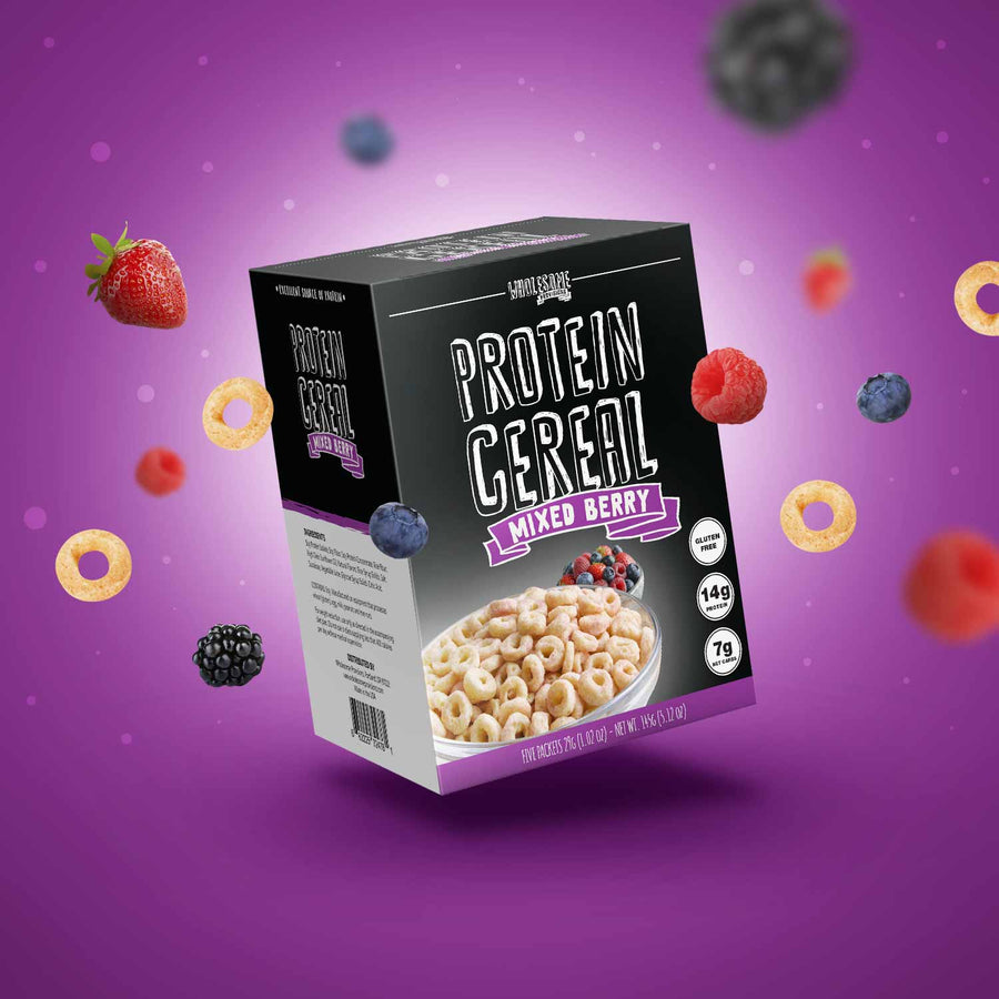 Mixed Berry Protein Cereal: cereal box with berry illustration.
