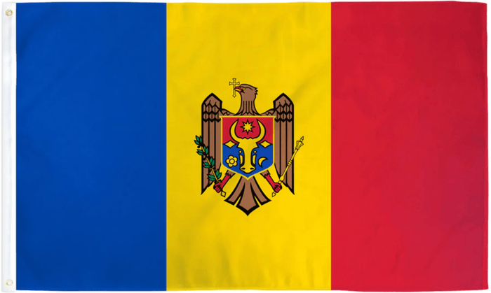 Moldova flag made in USA with blue yellow red tricolor and central coat of arms