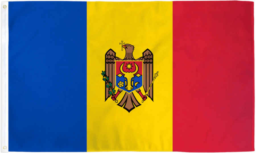 Moldova flag made in USA with blue yellow red tricolor and central coat of arms