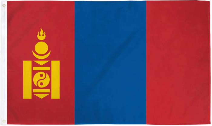 Mongolia flag made in USA with red blue red bands and yellow Soyombo symbol