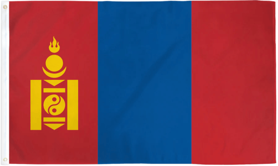 Mongolia flag made in USA with red blue red bands and yellow Soyombo symbol