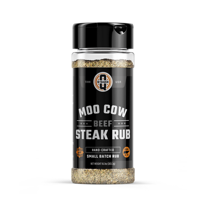 Moo Cow beef steak seasoning in a clear shaker bottle