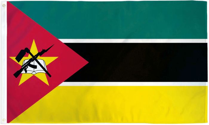 Mozambique flag made in USA with green black yellow bands red triangle and national emblem